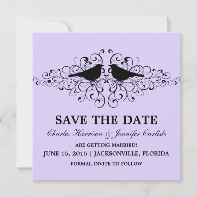 Lilac Love Bird Wirbel Save the Date einladen Einladung (Vorderseite)