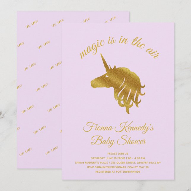 Lilac Magique Unicorne Baby shower Invitation (Devant / Derrière)