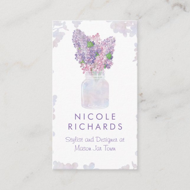 Lilac Mason Jar Bouquet Floral Wasserfarbener Wass Visitenkarte (Vorderseite)
