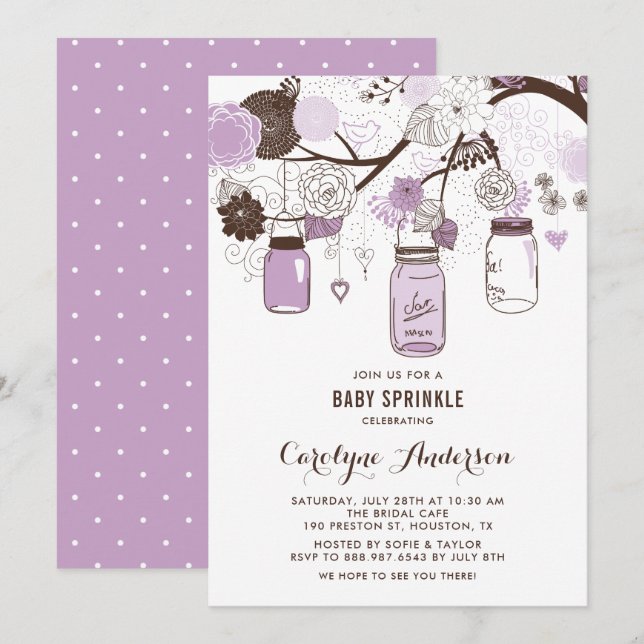 Lilac Mason Jars und Blume Baby Sprinkle Einladung (Vorne/Hinten)