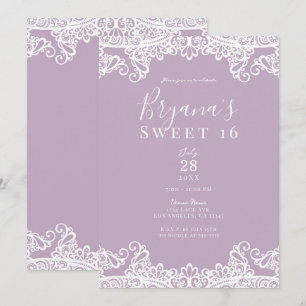 Lilac Mauve & White Lace Elegant Sweet 16 Party Einladung