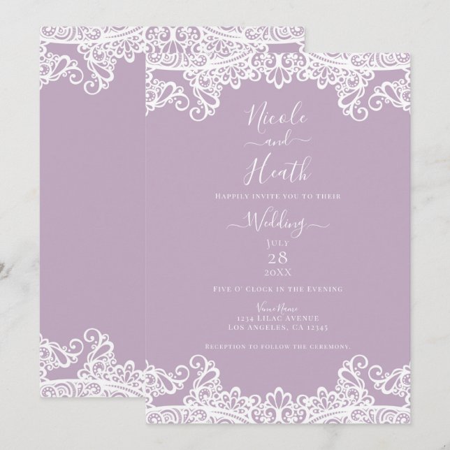 Lilac Mauve & White Lace Elegante Hochzeit Einladung (Vorne/Hinten)