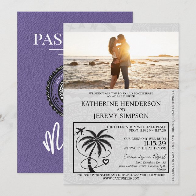 Lilac Mexico Passport Wedding Einladung (Vorne/Hinten)