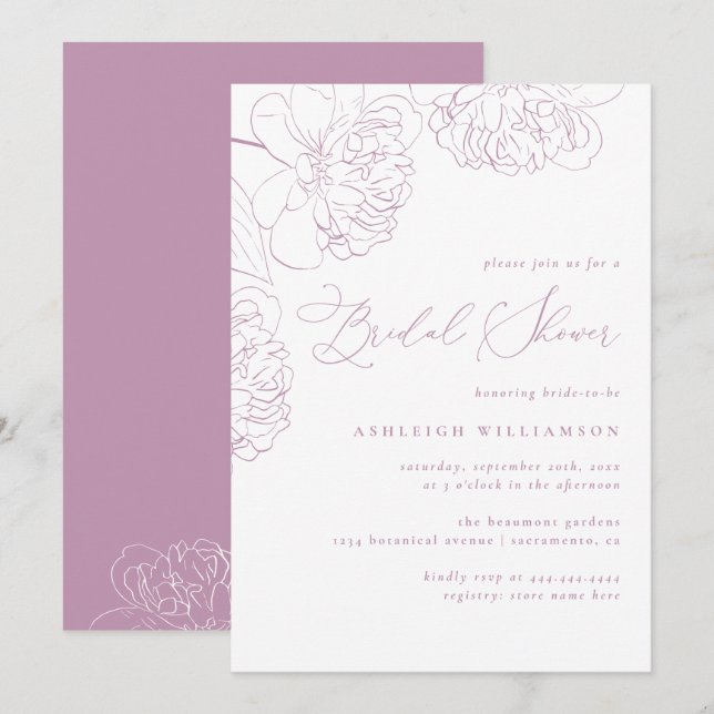 Lilac Minimalistisches handgezeichnet Peonies-Brau Einladung (Vorne/Hinten)