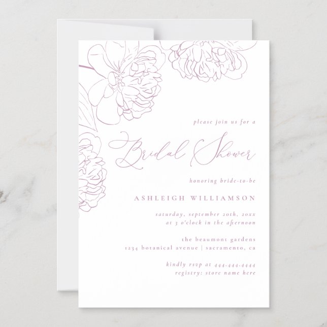 Lilac Minimalistisches handgezeichnet Peonies-Brau Magneteinladung (Vorderseite)
