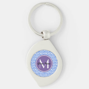 Lilac Monogram Blue and White Owl Muster Schlüsselanhänger