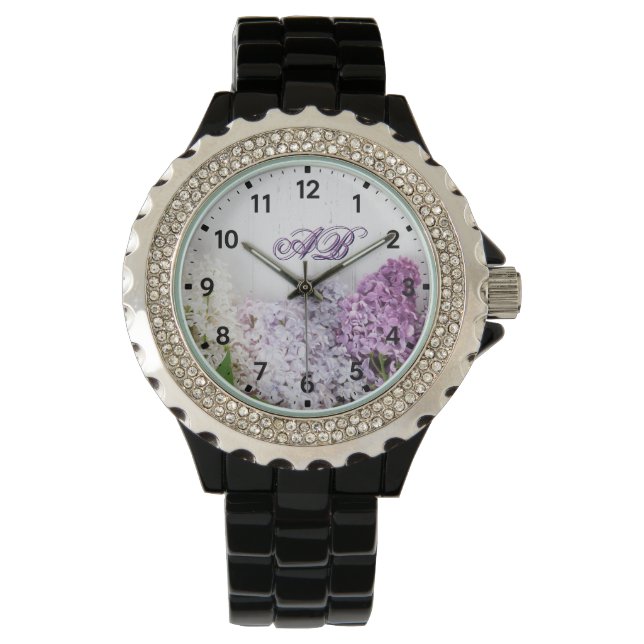 Lilac Monogram Watch | Floral Rhinestone Timepiece Armbanduhr (Vorderseite)
