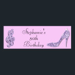 Lilac Music Note and Stiletto 50th Birthday Poster<br><div class="desc">Womens' and girls' personalized, elegant custom 50th birthday party celebration party banner. Beautiful purple / lilac / lavender girls' and woman's fiftieth / fifty years old / 50 year old birthday party banners with a glamorous printed image rhinestones / diamonds glitter, sequins, jewels sparkle high heel stiletto shoe, and glittery...</div>