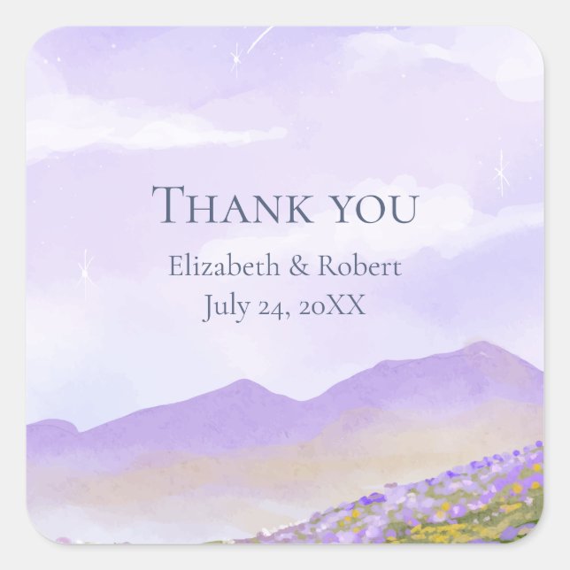 Lilac Night Sky Mountain Fields Wedding Vielen Dan Quadratischer Aufkleber (Vorderseite)