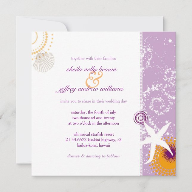 Lilac Orange White Wedding am Strand Einladung (Vorderseite)