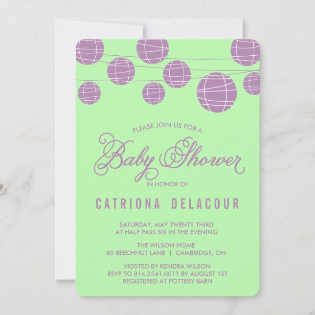 Lilac Paper Lanterns Green Baby shower Invitation (Devant)
