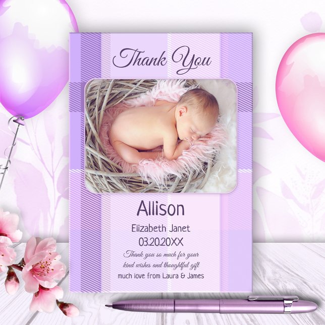 Lilac Pastel Plaid Baby Photo Carte de remerciemen (Créateur téléchargé)
