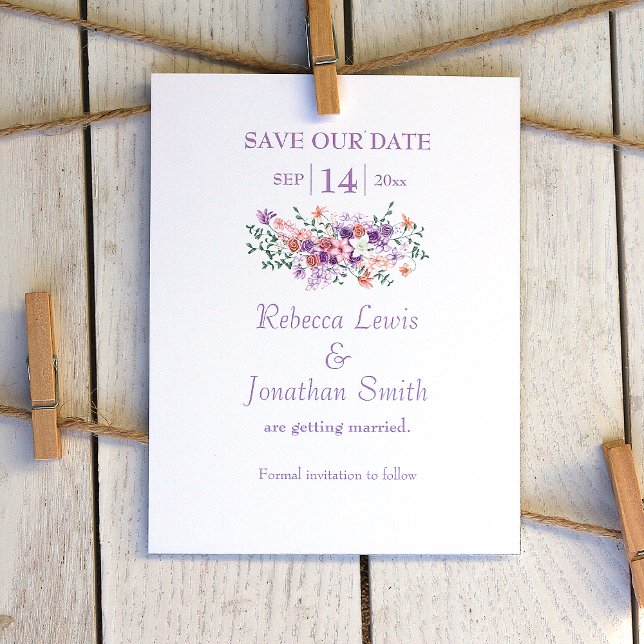 Lilac & Peach Bouquet Wedding Save the Date Einladung (lilac and peach wedding save the date card, peach flowers, lilies and light purple roses)