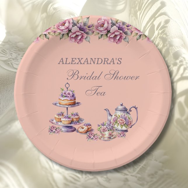 Lilac Peach Floral Tea Party Bridal Shower Pappteller (Von Creator hochgeladen)