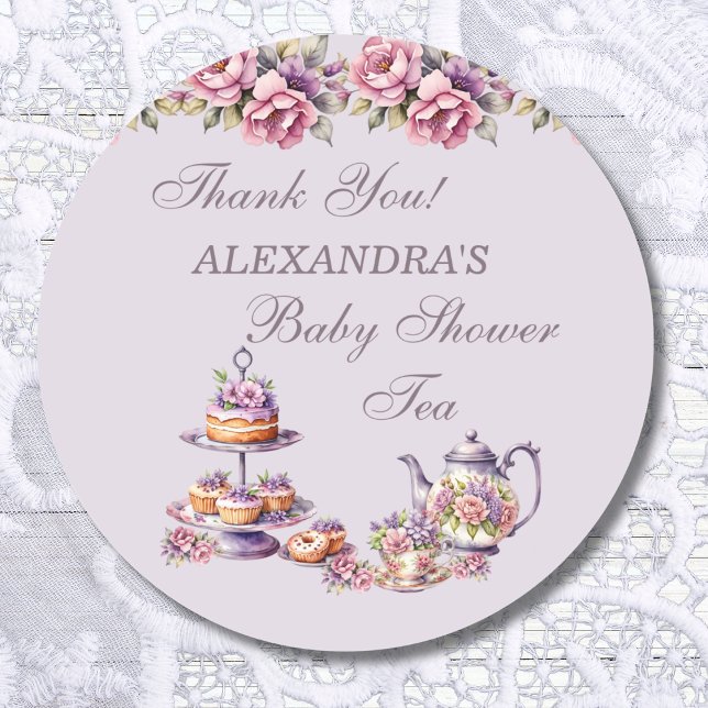 Lilac Pink Floral Tee Party Baby Dusche Gefallen Runder Aufkleber (Von Creator hochgeladen)