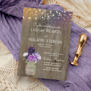 Lilac Plum Lila Floral Mason Jar Rustikale Hochzei Einladung