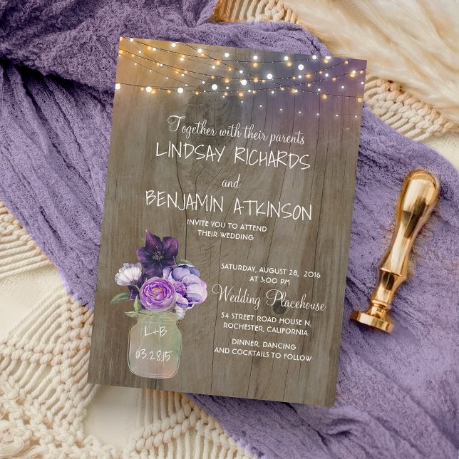 Lilac Plum Lila Floral Mason Jar Rustikale Hochzei Einladung (Von Creator hochgeladen)