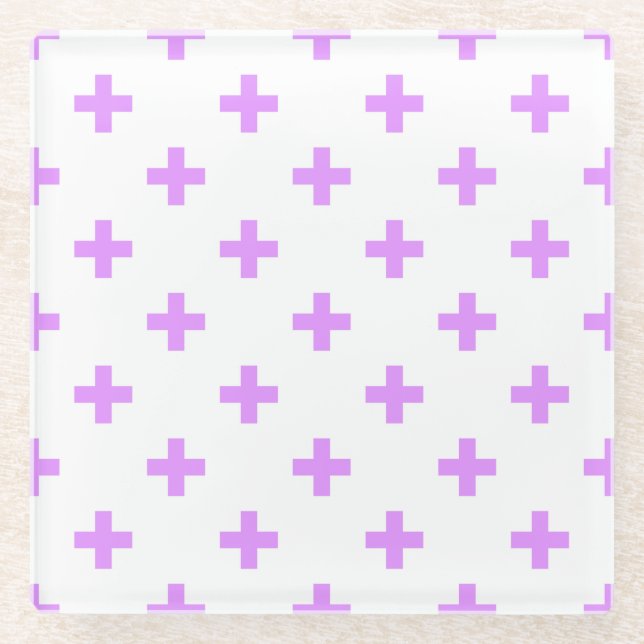 Lilac polka kreuzt auf weiß glasuntersetzer (Vorderseite)