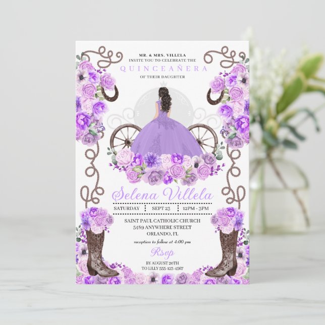 Lilac Princess Dress & Boots Quinceañera Einladung (Stehend Vorderseite)