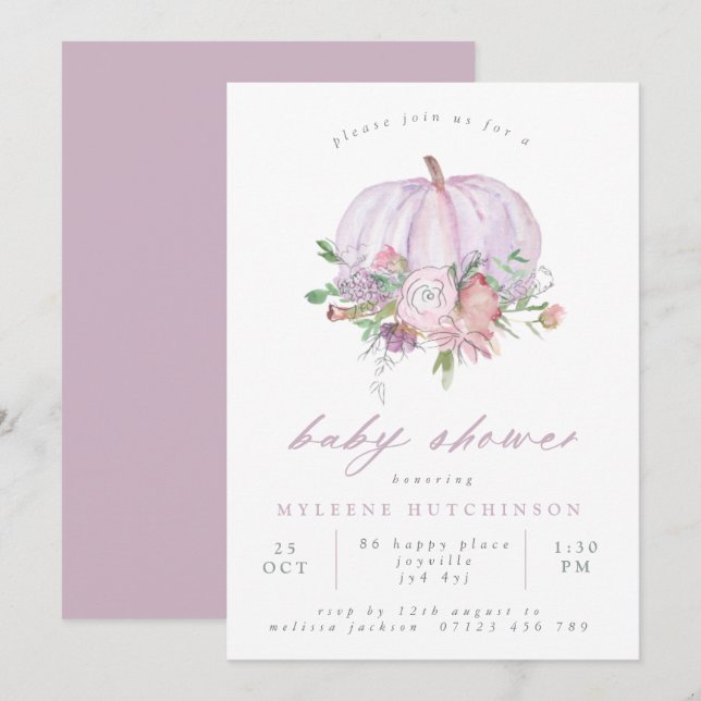 Lilac Pumpkin und Blume Kinderdusche Einladung (Vorne/Hinten)
