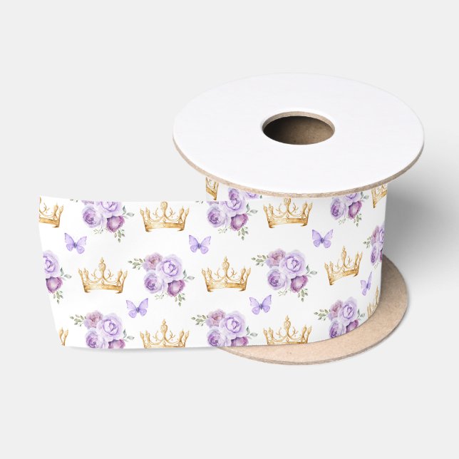 Lilac Purple Blumen und Goldkronen Satinband (Spule)