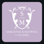 Lilac Purple Crest Monogram Wedding Stickers<br><div class="desc">Add a touch of elegant charm to your celebration with these monogram wedding stickers, featuring a minimalist crest design in a lovely purple hue. Perfect for a modern summer wedding, these simple yet sophisticated stickers can be personalized with the bride and groom’s initials, names, and date using the easy-to-edit template...</div>