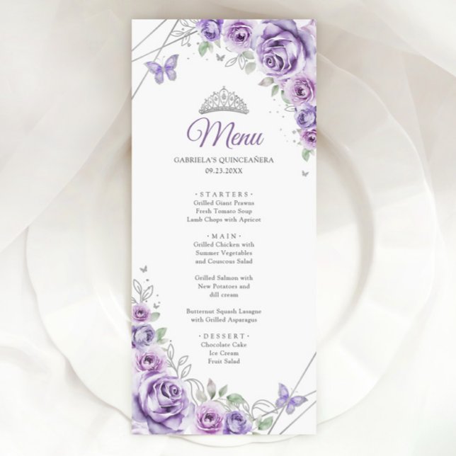 Lilac Purple Silver Floral Quinceanera Menükarte (Von Creator hochgeladen)