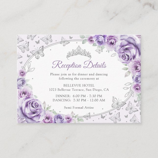 Lilac Purple Silver Quinceanera Reception Details Begleitkarte (Vorderseite)