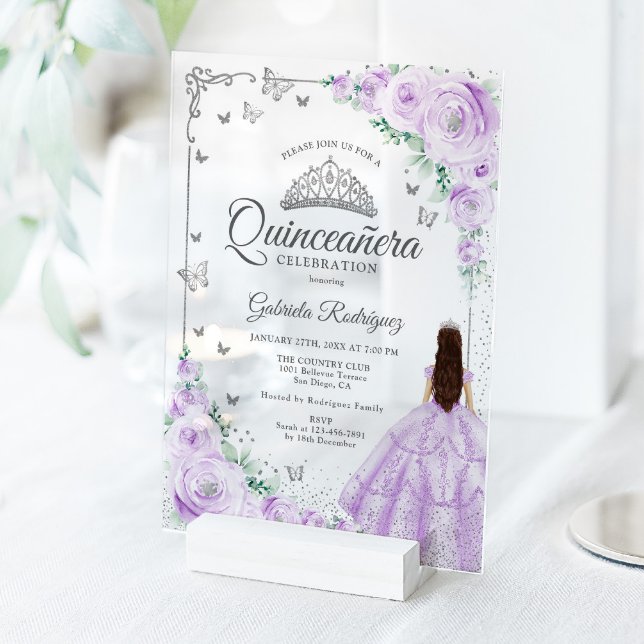 Lilac Purple Watercolor Roses Silver Quinceanera Acryleinladungen (Von Creator hochgeladen)