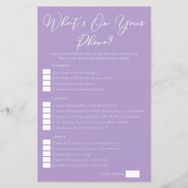 Lilac Purple What's On Your Phone Bridal Shower (Vorderseite)