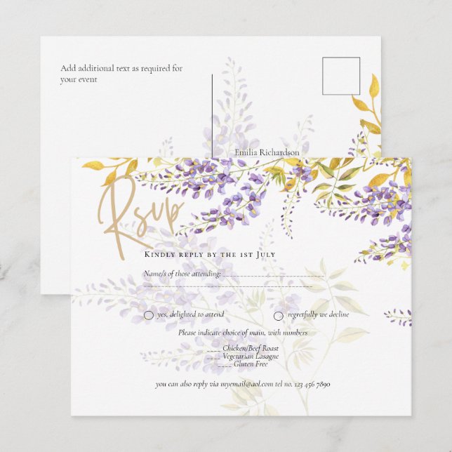 Lilac Purple Wisteria Gold Wedding Carte postale R (Devant / Derrière)