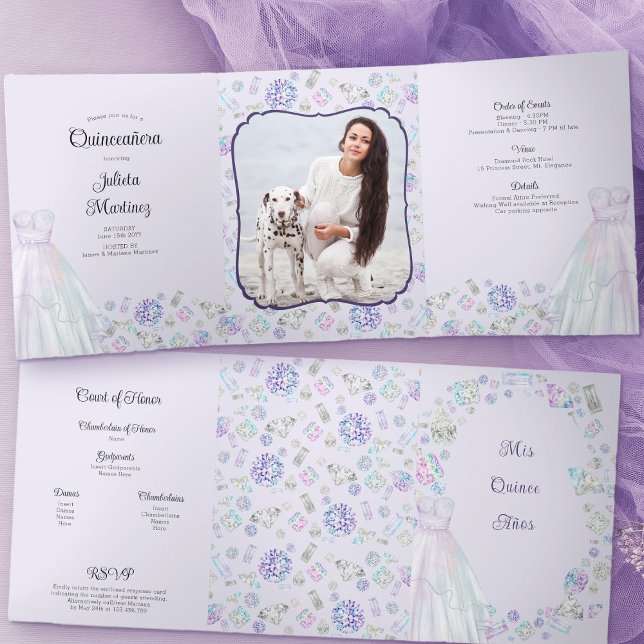 Lilac Quinceanera Diamonds Princess Dress Foto Dreifach Gefaltete Einladung (Light Purple Quince Anos Invitation with Photo and tri-fold layout for all your deets)