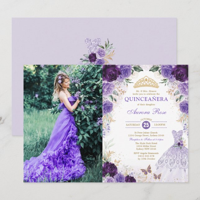 Lilac Quinceañera Mis Quince 15. Geburtstag Foto Einladung (Vorne/Hinten)