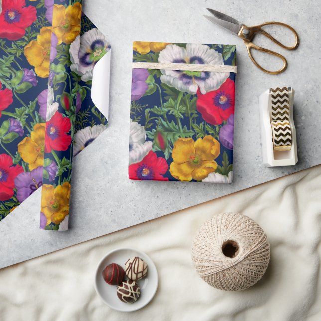 Lilac Red White Yellow Poppies & Green Blätter Geschenkpapier (Kunsthandwerk)