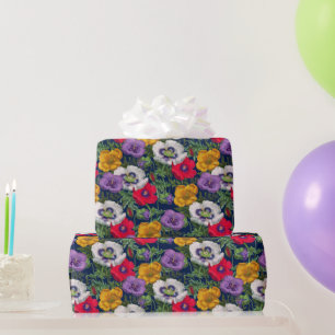 Lilac Red White Yellow Poppies & Green Blätter Geschenkpapier