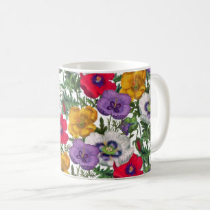Lilac Red White Yellow Poppies & Green Blätter Kaffeetasse
