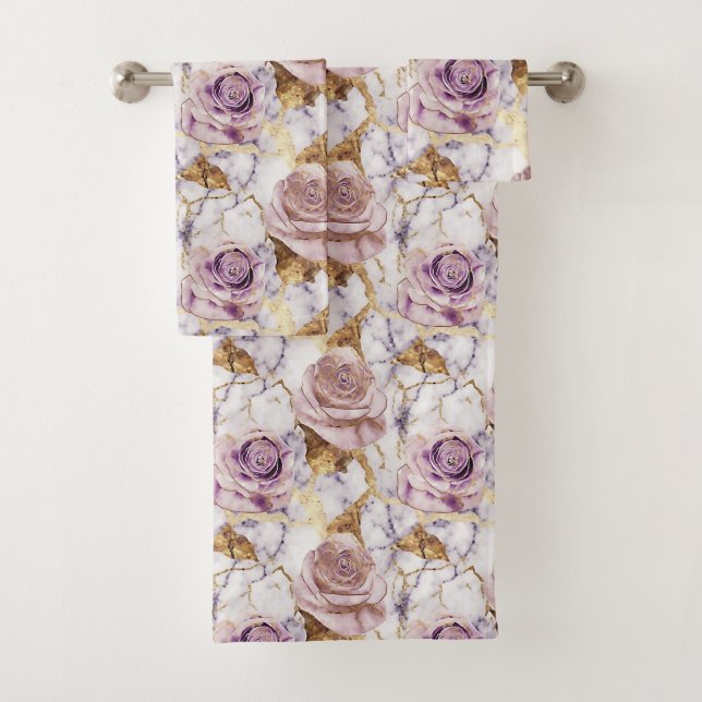 Lilac-Rose auf antikem Goldmarmor Badhandtuch Set (Insitu)