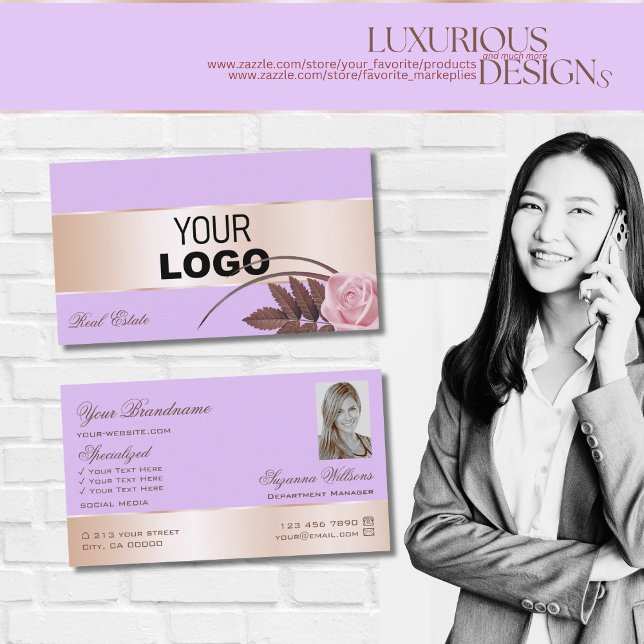 Lilac Rose Gold Decke Niedliche Blume mit Logo-Fot Visitenkarte (Von Creator hochgeladen)