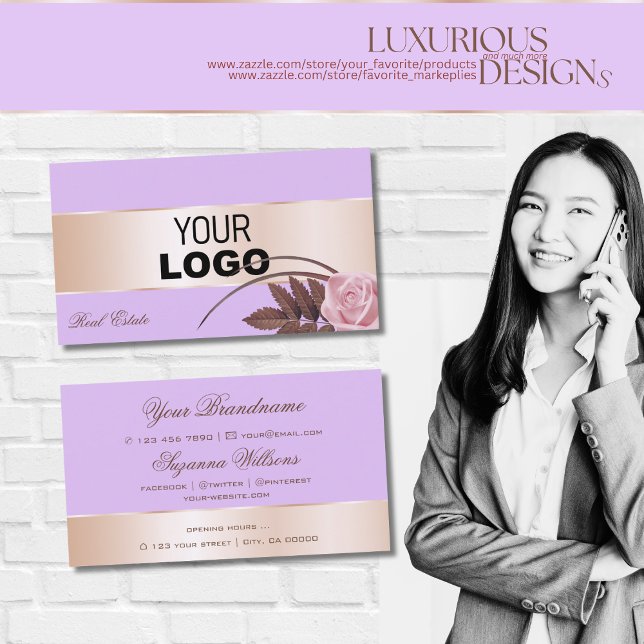 Lilac Rose Gold Deco und Niedliche Blume mit Logo Visitenkarte (Von Creator hochgeladen)