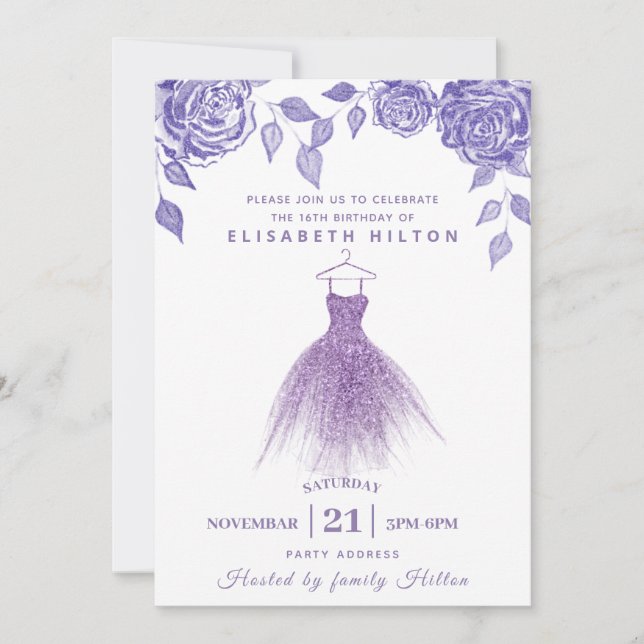 Lilac Rose Modernes Glitzer Kleid 16 . Geburtstag Einladung (Vorderseite)