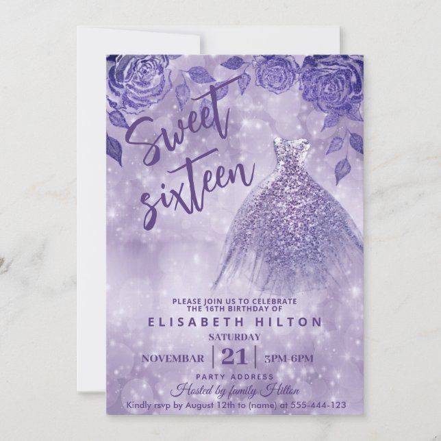 Lilac Rose Modernes Glitzer Kleid 16 . Geburtstag Einladung (Vorderseite)