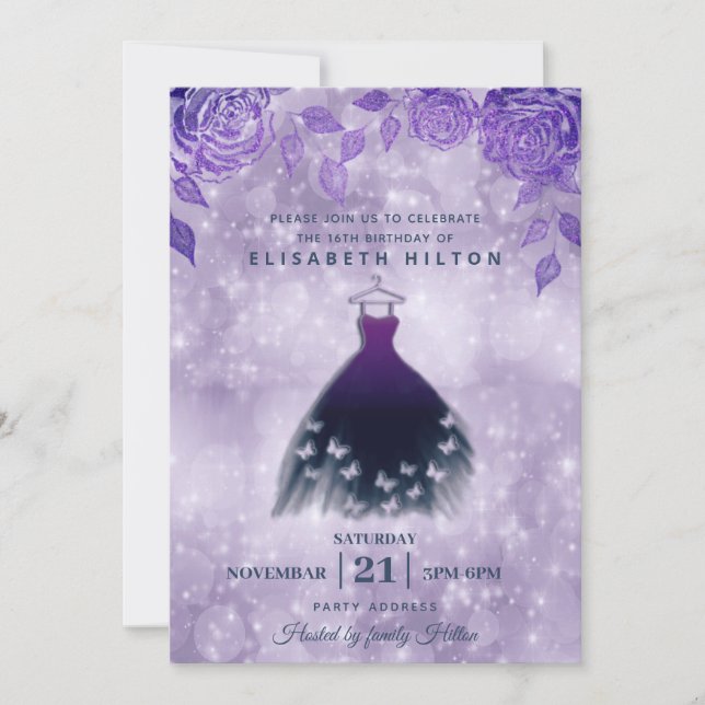 Lilac Rose Modernes Schmetterlingskleid 16 . Gebur Einladung (Vorderseite)