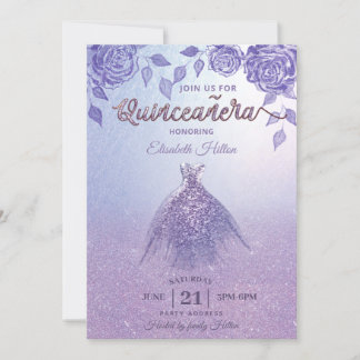 Lilac Rose romantisches Glitzer Kleid Quinceañera Einladung