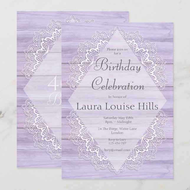 Lilac Rustic Woodgrain und Lace Birthday Einladung (Vorne/Hinten)
