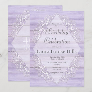 Lilac Rustic Woodgrain und Lace Birthday Einladung