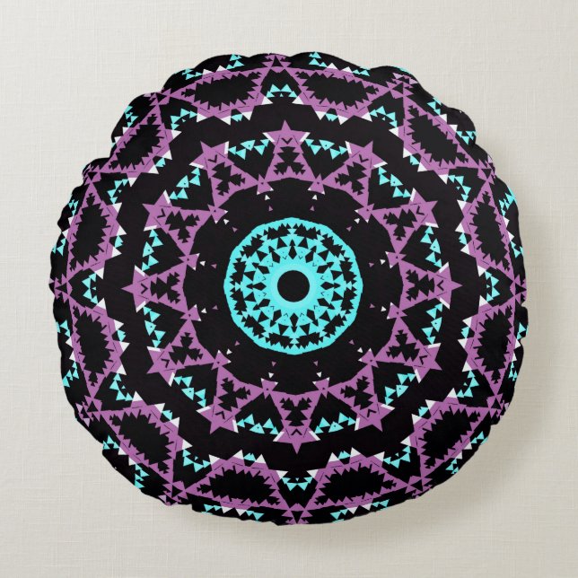 Lilac, schwarz und türkis mandala. rundes kissen (Vorderseite)
