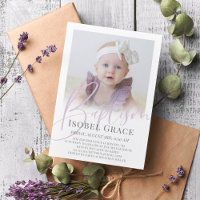 Lilac Script Photo Baptême Invitation