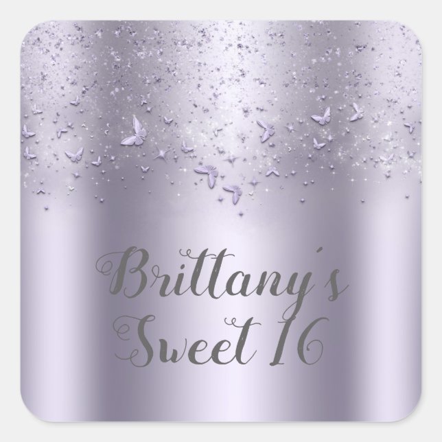 Lilac Shimmer Flutter Butterfly Sweet 16 Party Quadratischer Aufkleber (Vorderseite)