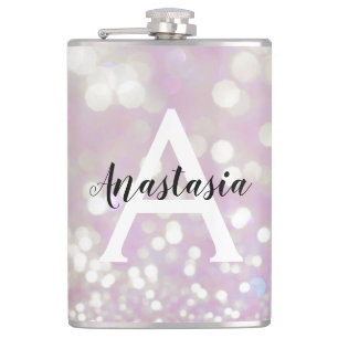 Lilac Shimmer Glitzer Glitzern Monogramm Name Flachmann