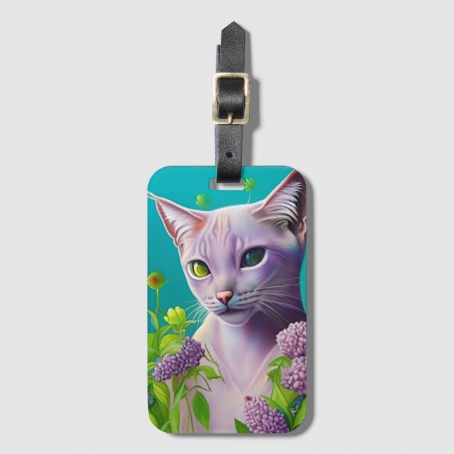 Lilac Siamese cat in Lilac Blume auf Aquamarinen Gepäckanhänger (Vorderseite Vertikal)